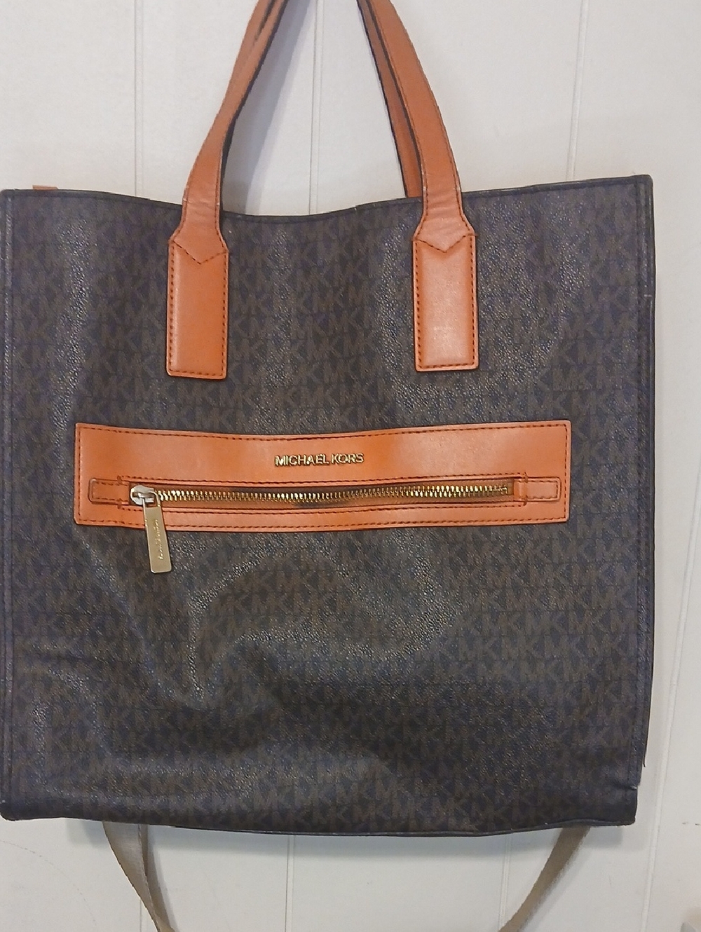 Michael Kors Dark Brown Monogram Tote with Tan Trim and Gold Hardware